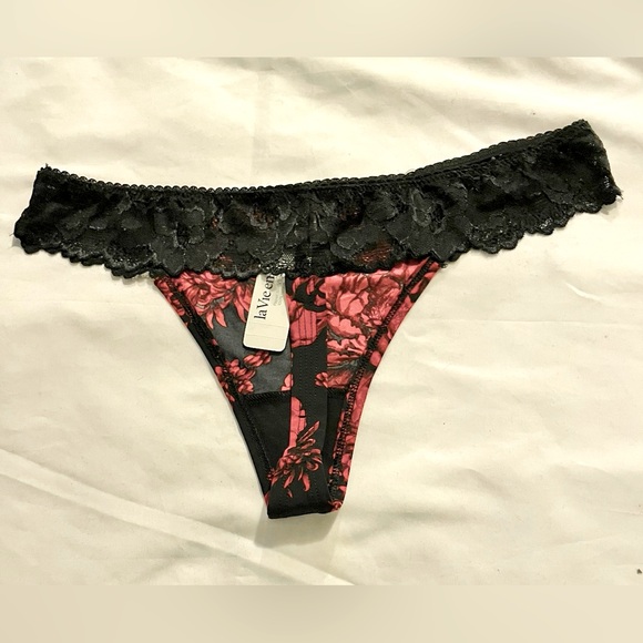 Sz L La vie en rose  lace waist thong NWT black & red - Picture 2 of 2